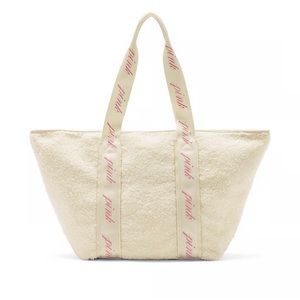 Victoria's Secret PINK Cream with Pink Logo Cozy Sherpa Plush Zip Top bag
